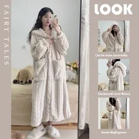 Autumn and Winter Nightwear for Women Flannel Dressing Gown for Women Coral Fleece Long Korean-Style Homewear Lazy Dressing Gown