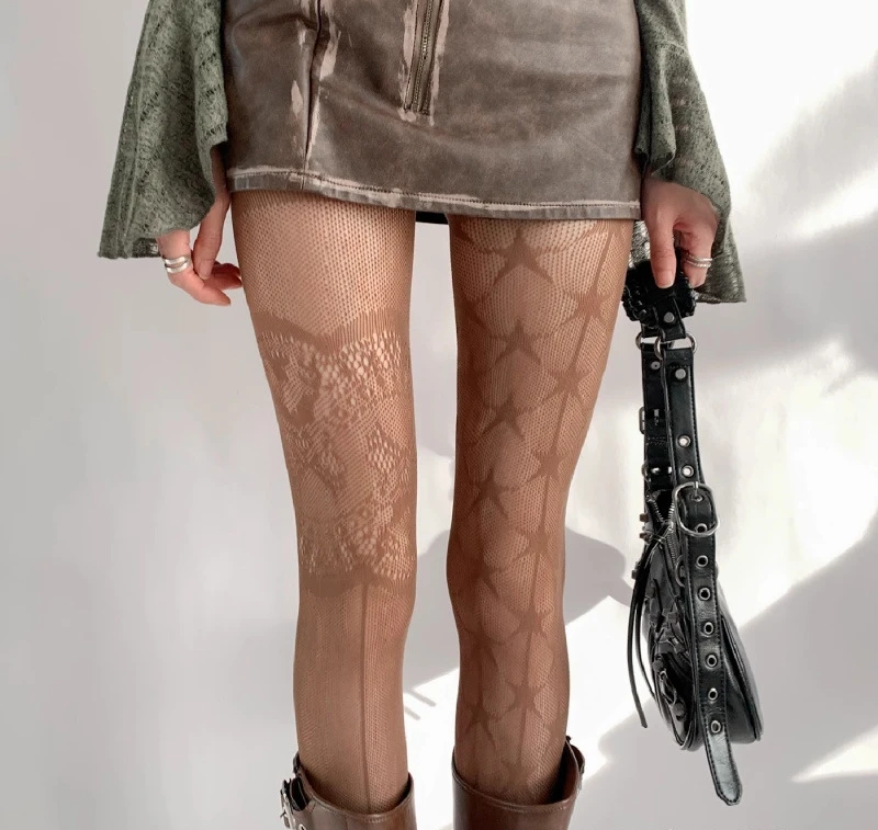 Damen Sexy Spitzen-Netzstrümpfe Lolita Durchbrochene Einfarbige Strumpfhose 1 Paar Fünfzackiger Stern Spitze Ausgehöhlte Netzstrümpfe – Detail 13