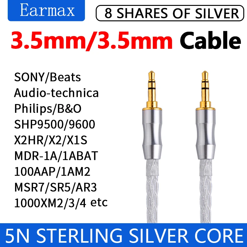 

For MDR-1A 1AM2 1ABAT 950BT SR5 MSR7 SHP9500 H2 H4 Earphone Replaceable 8-Strand Bold Pure Silver 3.5mm to 3.5mm Balanced Cable