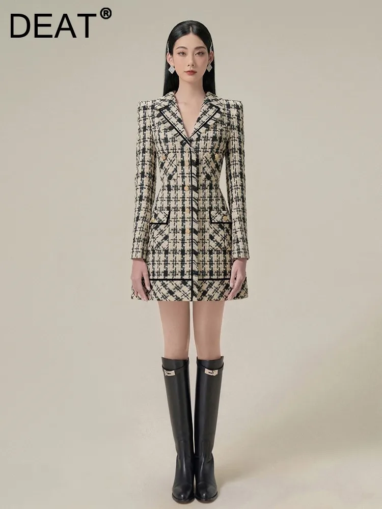 

DEAT Women's Fashion Tweed Suit Dress Notched Collar Long Sleeve Single Breasted Plaid Elegant Coat Autumn 2024 New 13DB1384