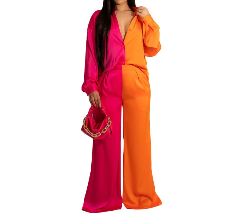 Spring and Autumn Women's New Long Sleeve Color Contrast Stitching Satin Loose Casual Suit Female & Lady Casual Fashion Top Pant
