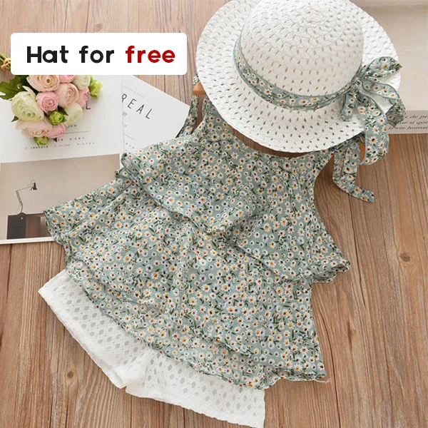 Bear Leader Girls Clothing Sets 2022 Summer Kids Clothes Floral Chiffon Halter+Embroidered Shorts Straw Children Clothing AZ1614 Green