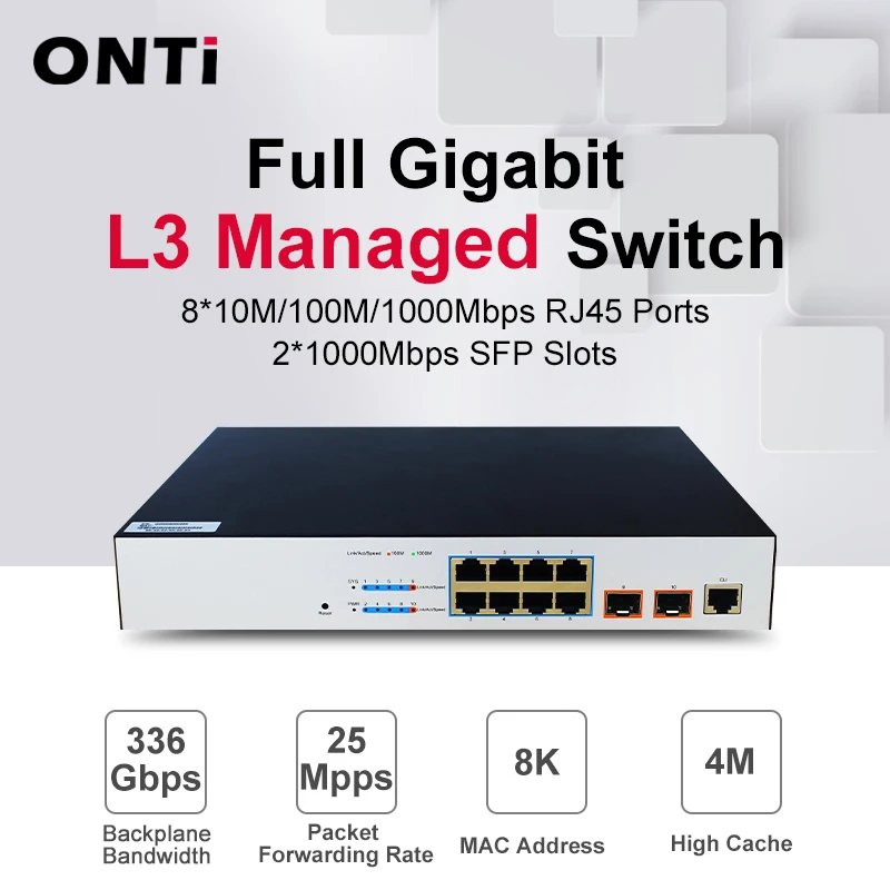 2*1000M SFP 슬롯 포트 및 8*100/1000M RJ45 포트로 Onti-L3 관리..