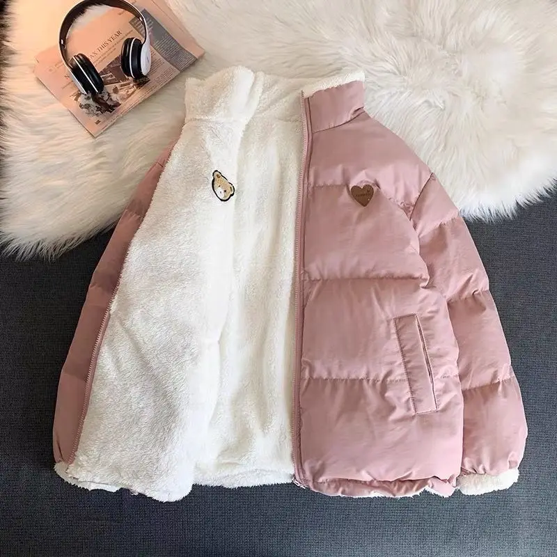 

Cute Bear Embroidery Parkas Coat Women Winter Korean Fashion Thick Loose Warm Jacket Double Sided Design Pink Student Clothes