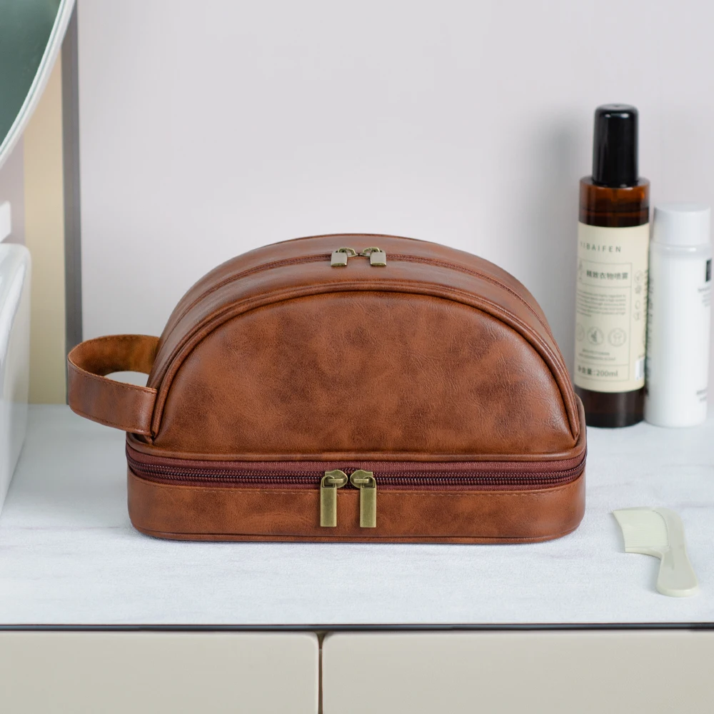 Men's leather makeup bag for travel men's high-end sense large capacity storage travel wash bag waterproof toiletry bag 5