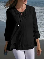 Womens Lace Patchwork Blouses ZANZEA 2025 Summer Bohemian Casual 3/4 Sleeves Blusas Shirts Casual Hollow Out Tunic Tops Beach - Image 4