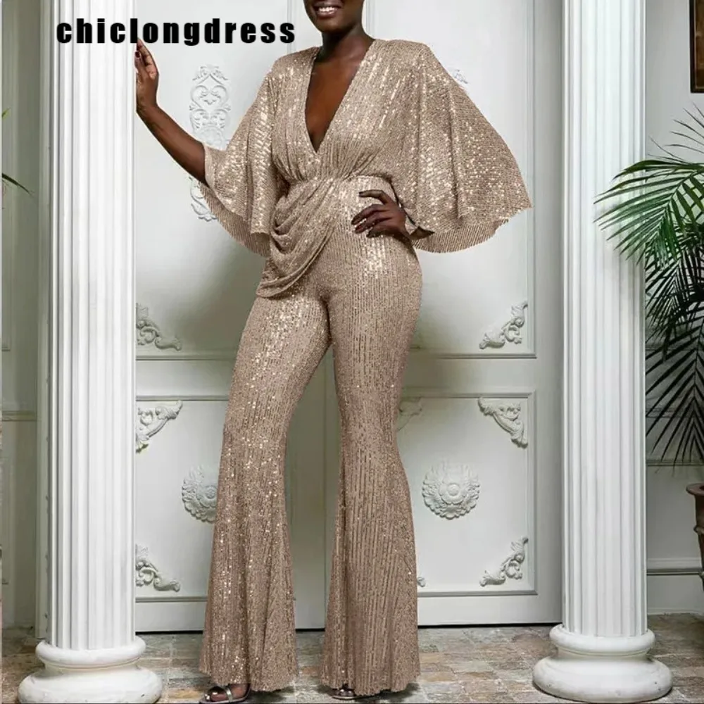Women's Deep V-Neck Flared Sleeves Long Sequin Jumpsuit, Nightclub Style, Fashion, Sexy, Spring, Summer