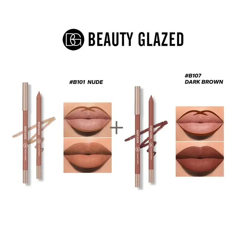 BEAUTY GLAZED 2 Pcs  Lip Liner Set Long Lasting Waterproof Lipliner Matte Velvet Lipstick Pen Lip Makeup Cosmetic Smudgeproof 2