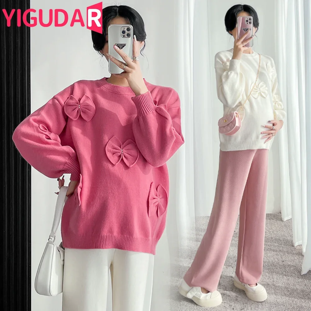 Winter Fashion Maternity Sweaters Korean Bowknot Sweater long sleeve Belly Pregnant Woman Clothes pregnancy photoshoot Sweater