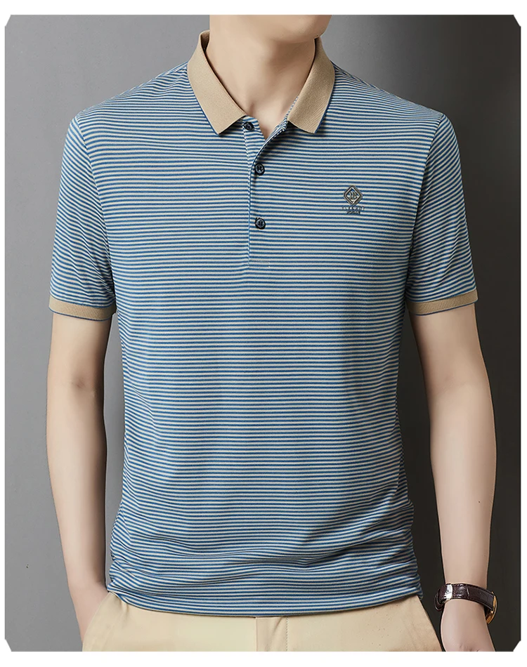 Summer Business Casual Quality Cotton Breathable Comfortable Lapel Polo Short Sleeve Striped Print Design Korean T-shirt Top 21 S4653ce5f9c5243c3b4e51737bc7386deM