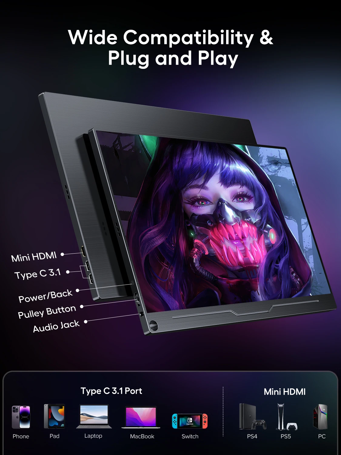Монитор для ноутбука UPERFECT, 18,5-дюймовый IPS-экран 1080P со смарт-крышкой VESA и динамиками, безрамочный игровой дисплей HDR, 120 Гц для Switch Steam Deck (art.: 3920c653bbc21) - 3920c653bbc21