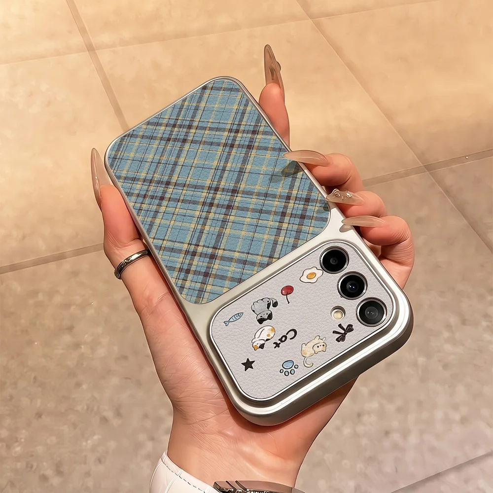 Cute Cat Soft Plaid Shockproof Phone Case - Blue & Yellow Preppy Style