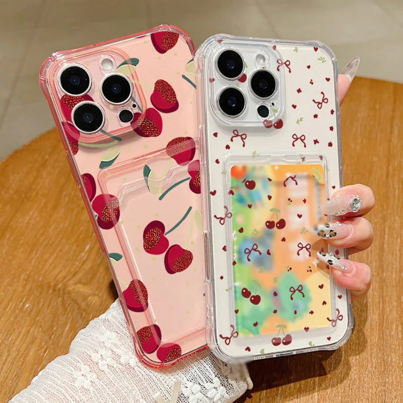 Red Cherry Pattern Shockproof Soft Silicone Phone Cover with Card Slot Pocket