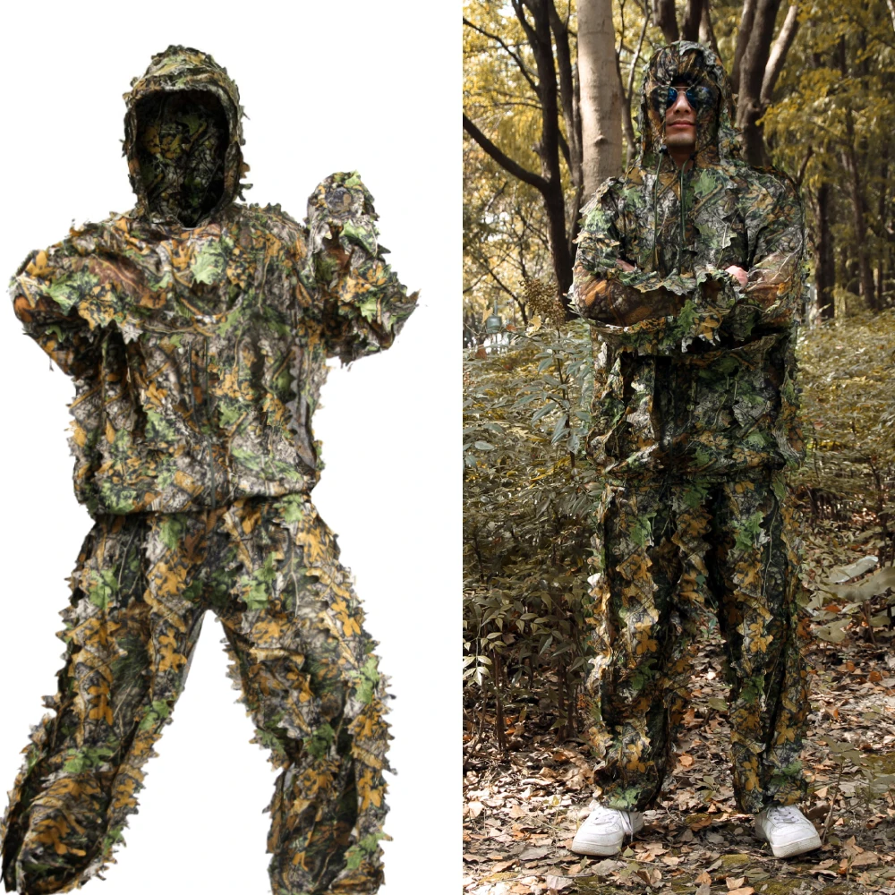 

GUGULUZA 1 Set Hunting Clothes 3D Leaf Coat Trousers Camouflage Outdoor Jungle Watch Bird