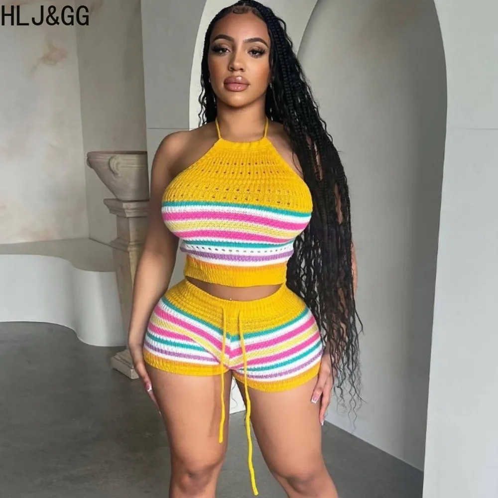 HLJ&GG Summer Sweet Stripe Print Knitting Two Piece Sets Women Halter Sleeveless Backless Crop Top And Shorts Outfits Streetwear летние женщины цветочные кружева спагетти ремешоки белье top sleeveless halter crop top танков