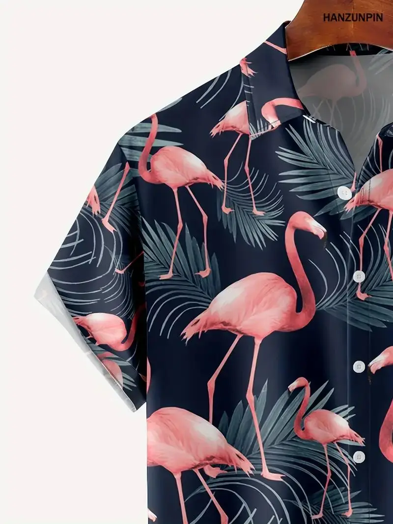 Flamingo Print Hawaiian Men's Shirt Ideal for Summer Vacations and Vacation Wear Men's Casual Short Sleeve Oversized Tops 5