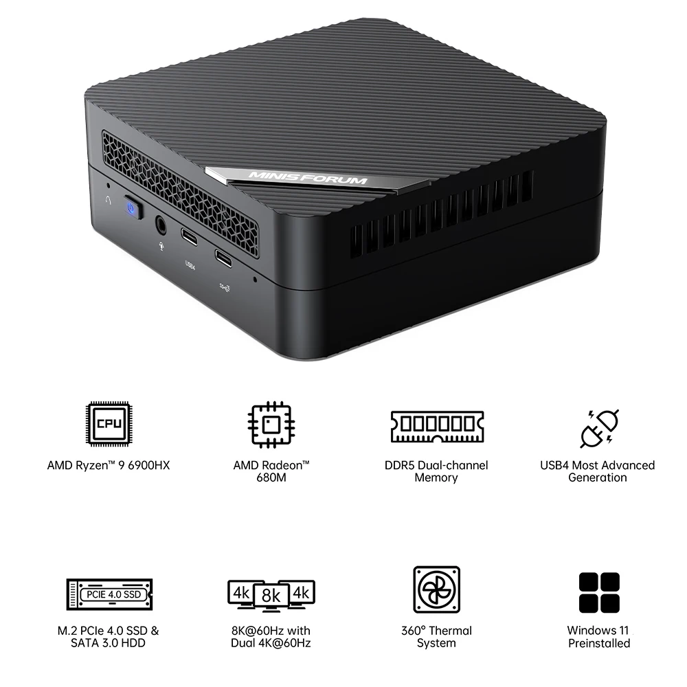 MINISFORUM 미니 PC, AMD Ryzen 9 6900HX 미니 컴퓨터, 윈도우 11, DDR5, 32GB, 512GB, SSD, 블루투스, WIFI6E, 8K 게임용 미니 PC, UM690S