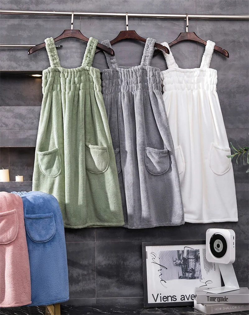 Women Bathrobe Pajamas Wearable Beach Bath Towel Women Absorbent Bathrobe Bath Skirt Coral Fleece Dress