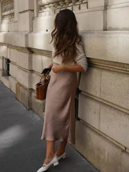 HH TRAF Women's Midi Skirt High Waisted Solid Sexy Satin Dress Tight Chic Elegant Women Mermaid Long Skirt Casual Bodycon Skirt