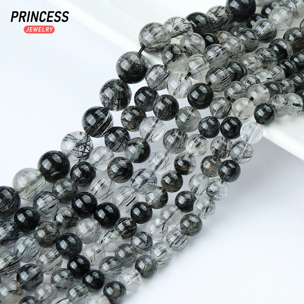3A Natural Black Rutilated Quartz Loose Crystal Beads for Jewelry