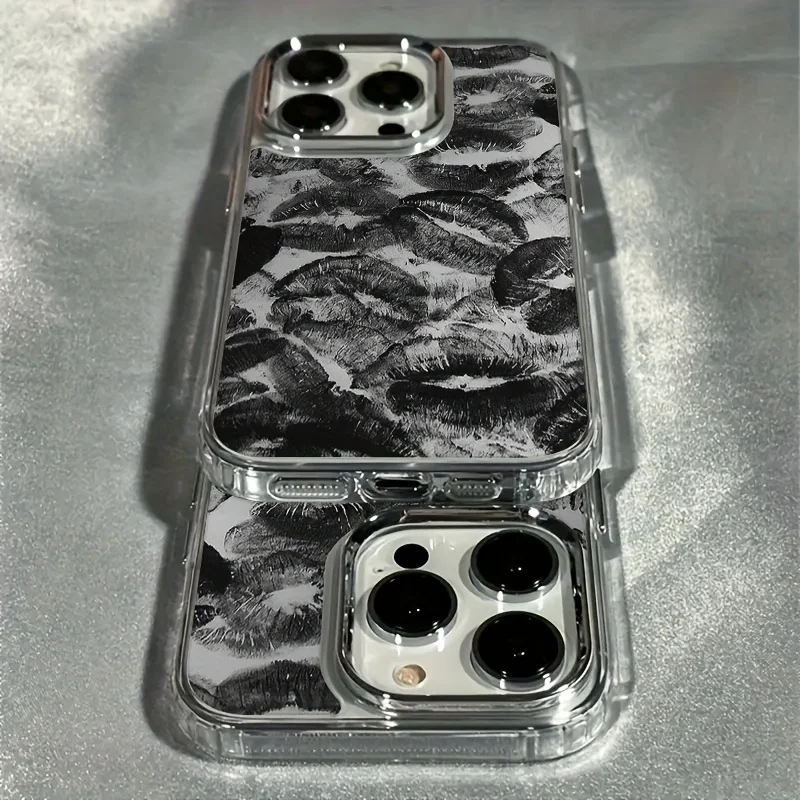 Electroplated Lens Frame Clear Phone Case with Black Lip Print Design
