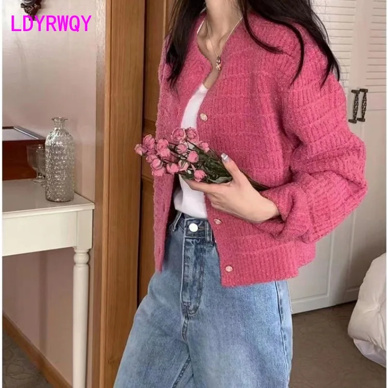 

Short Knitted Cardigan Women's 2023 Autumn Korean New Solid Round Neck Long Sleeve Knitted Sweater Coat
