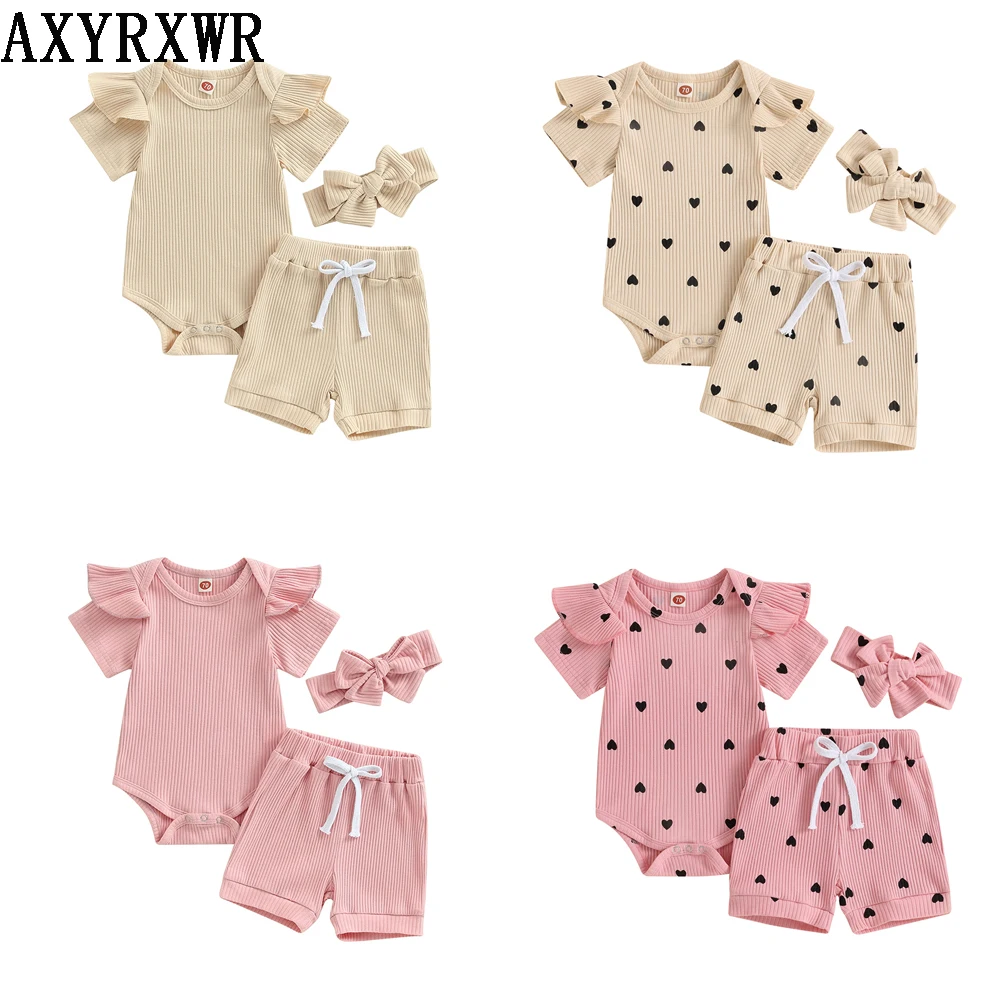 Lovely Newborn Baby Girls Summer Clothing Sets 0 18M Ribbed Solid/Heart