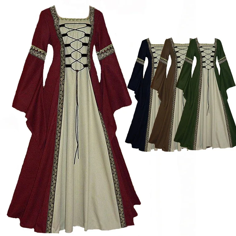 

Plus Size Lady Renaissance Medieval Princess Costume Royal Court Floor-Length Cosplay Fancy Party Dress Carnival Halloween