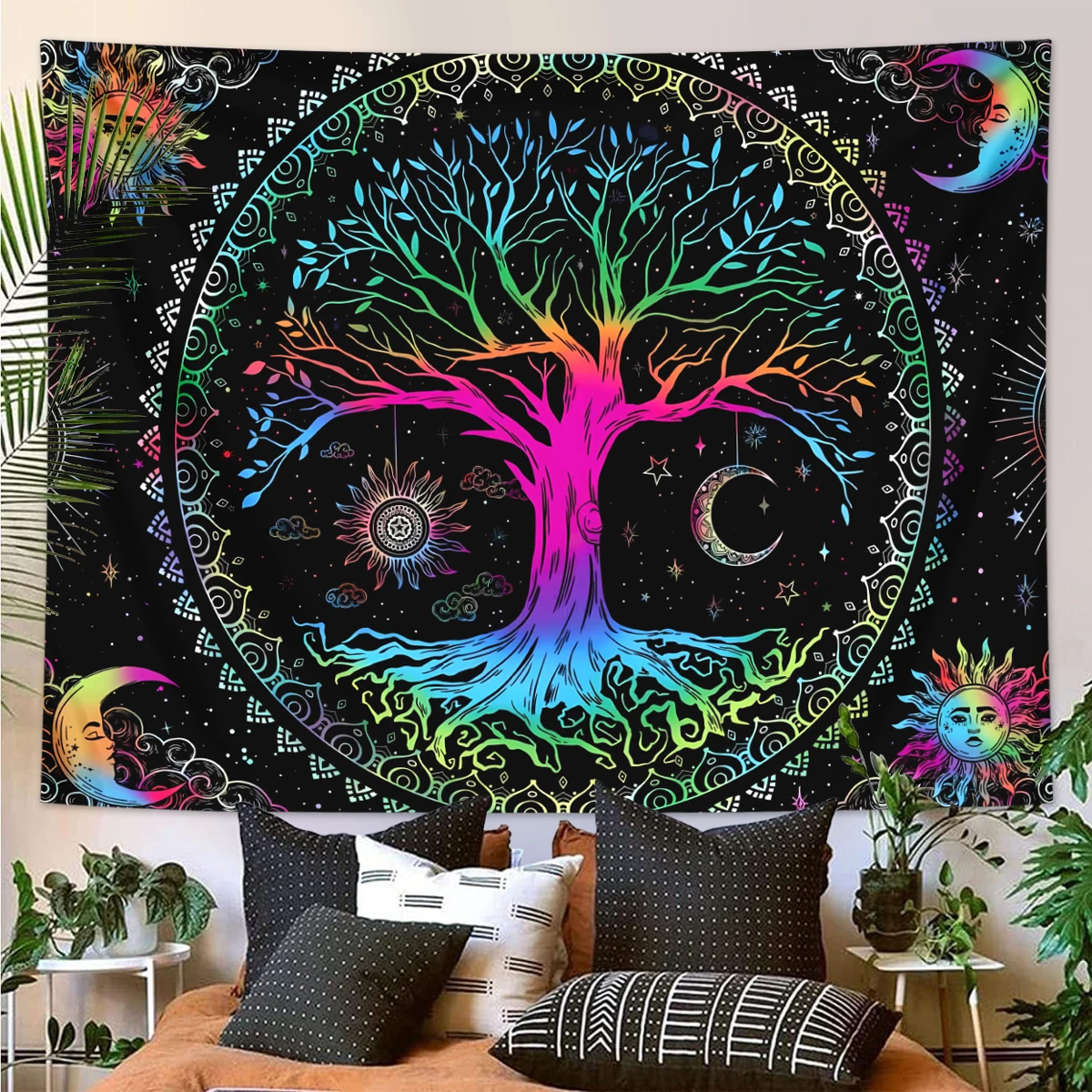 1 Stück Baum des Lebens Wandteppich Wandbehang, ästhetische Galaxie Sonne Mond Sternenhimmel Wandteppich, Zuhause Wohnzimmer Schlafzimmer Dekoration – Detail 4