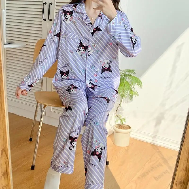 

Sanrios Hellokittys Kuromi Cinnamoroll Cartoon Cute Sweet Girl Pajamas Set Spring and Autumn Long-Sleeved Long Trousers Homewear