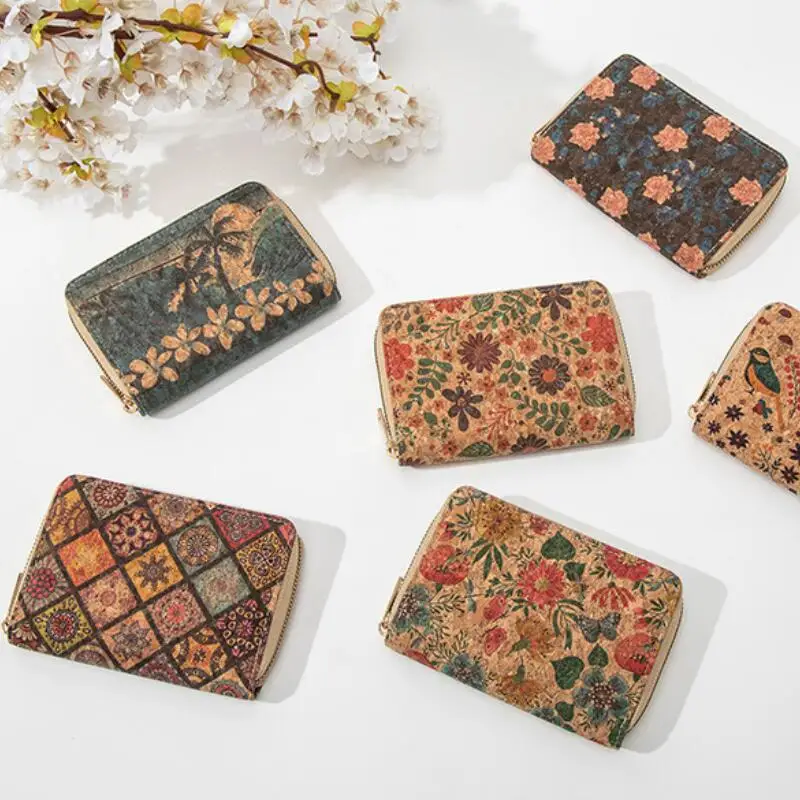 Card Wallet Retro Cork Zero Wallet Printed High-capacity Card Bag Wood Grain Short Style Zero Wallet Portable Storage Bag