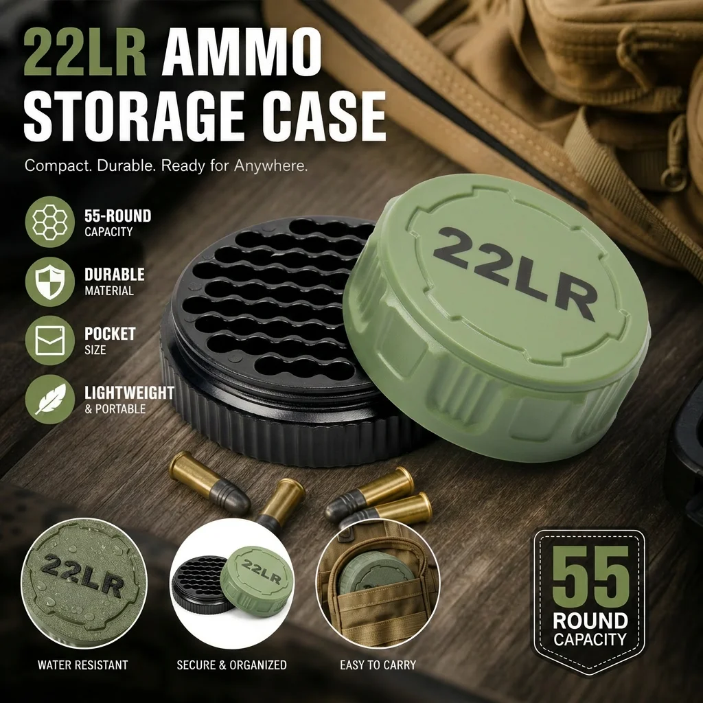 .22LR 탄약 55발을 수납할 수 있는 소형 보관 케이스 - 사격장으로 휴대하기에 편리합니다.