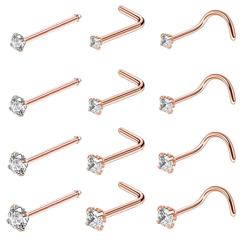 4/12PCS Edelstahl Zirkon Nasenpiercing Ohrstecker Set L-Form Nasenring Lot Twist Nasenring Ohrstecker Bulk Body Piercing Nariz Pack – Detail 5