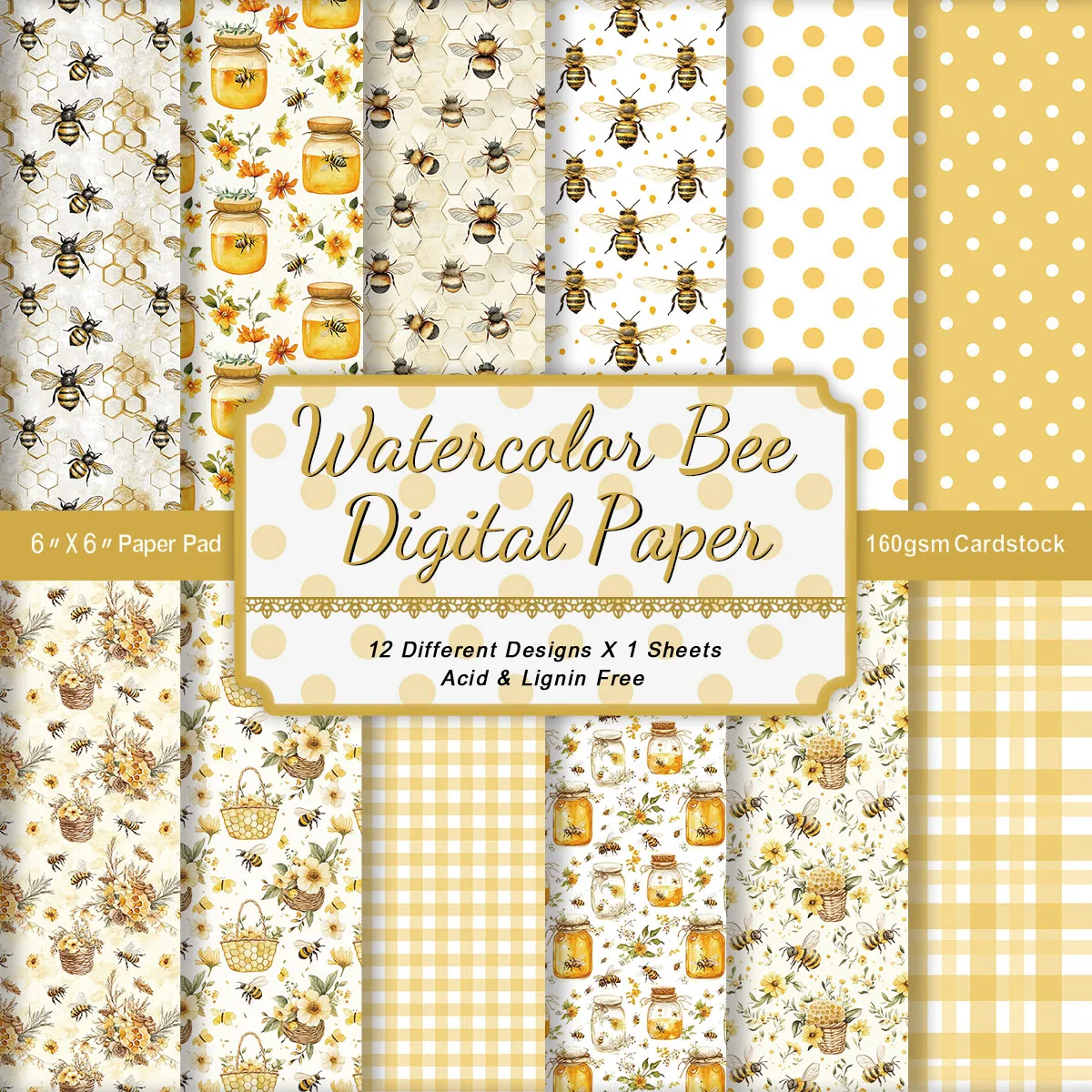 12 Stück gelbes dekoratives Papier mit Bienenmotiv, für die Herstellung von Karten und Einladungen, DIY-Scrapbooking, Bienen-Party-Dekoration, Collage-Kunstpapier