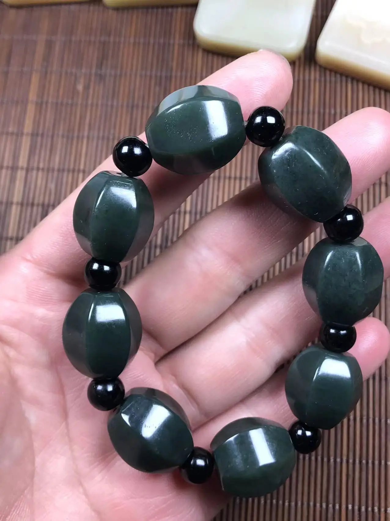 

Natural 100% real green hetian Jade round beads carved Cask beads bracelets for couples woman men Gift with jade bracelet