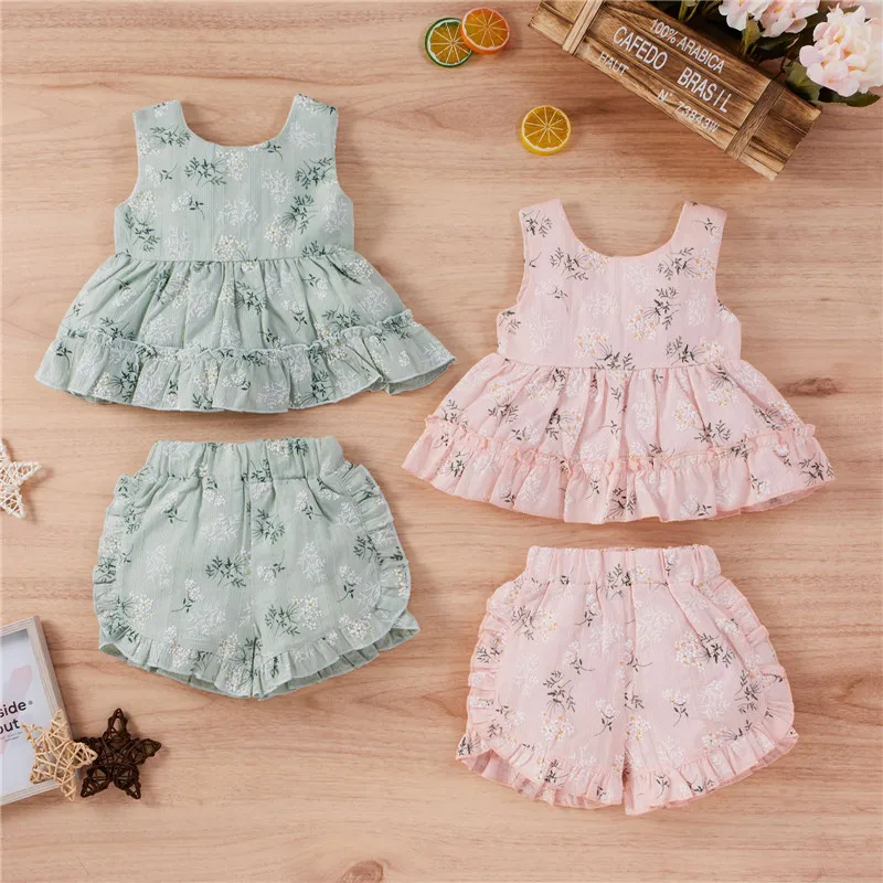 

1-6Y Girls' clothes summer wispy flower vest top + shorts two-piece set children Girls clothing sets
