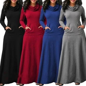 Plus Size 5XL Elegant Long Maxi Dress spring Winter Warm High Collar Women Long-sleeved Dress 2024 Woman Clothing With Pocket 1