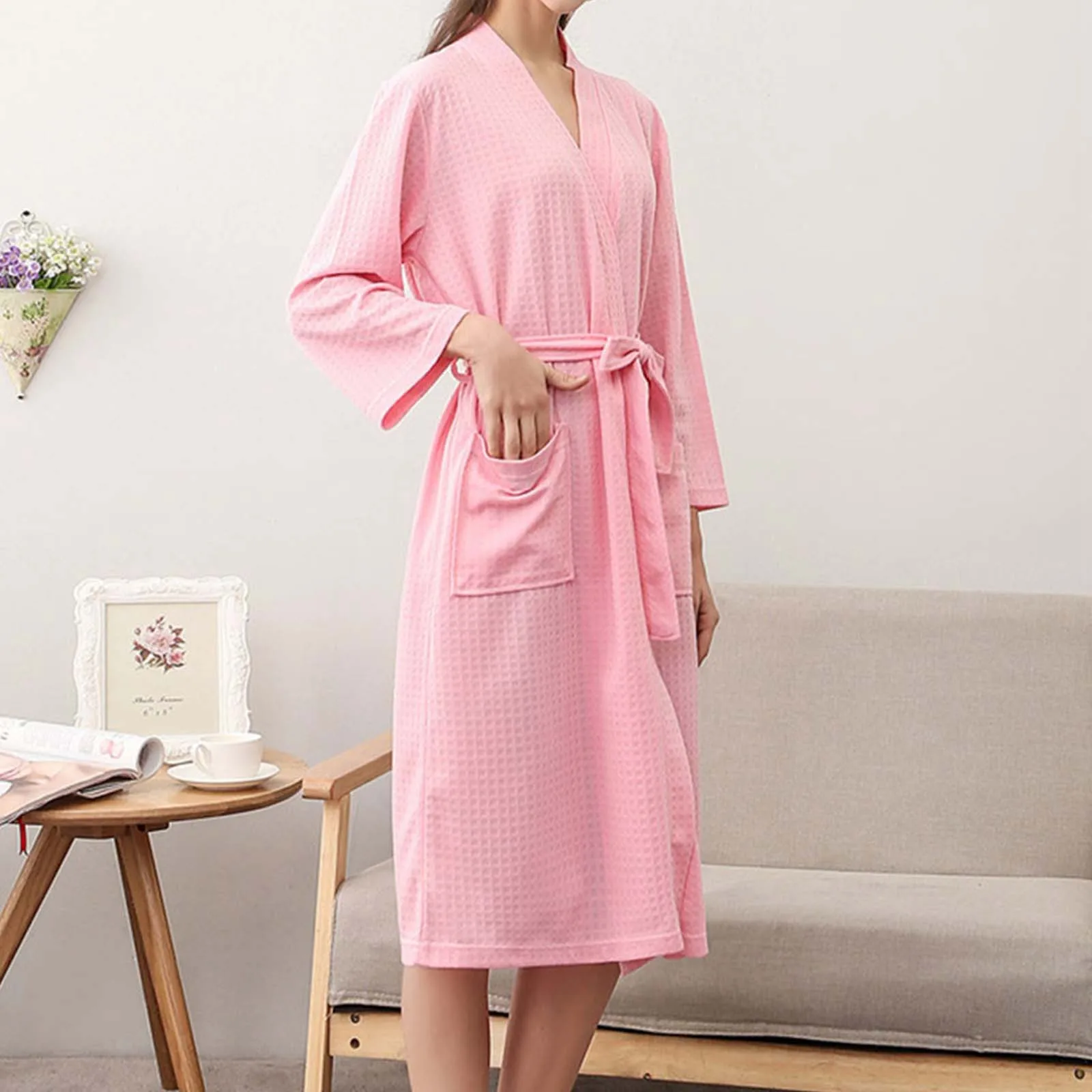 Solid Color Waffle Robe Couple Pajamas Absorbent Quick-Drying Bathrobe Women's Sleepwear Women Lacing Homewear Black Pink XXXl