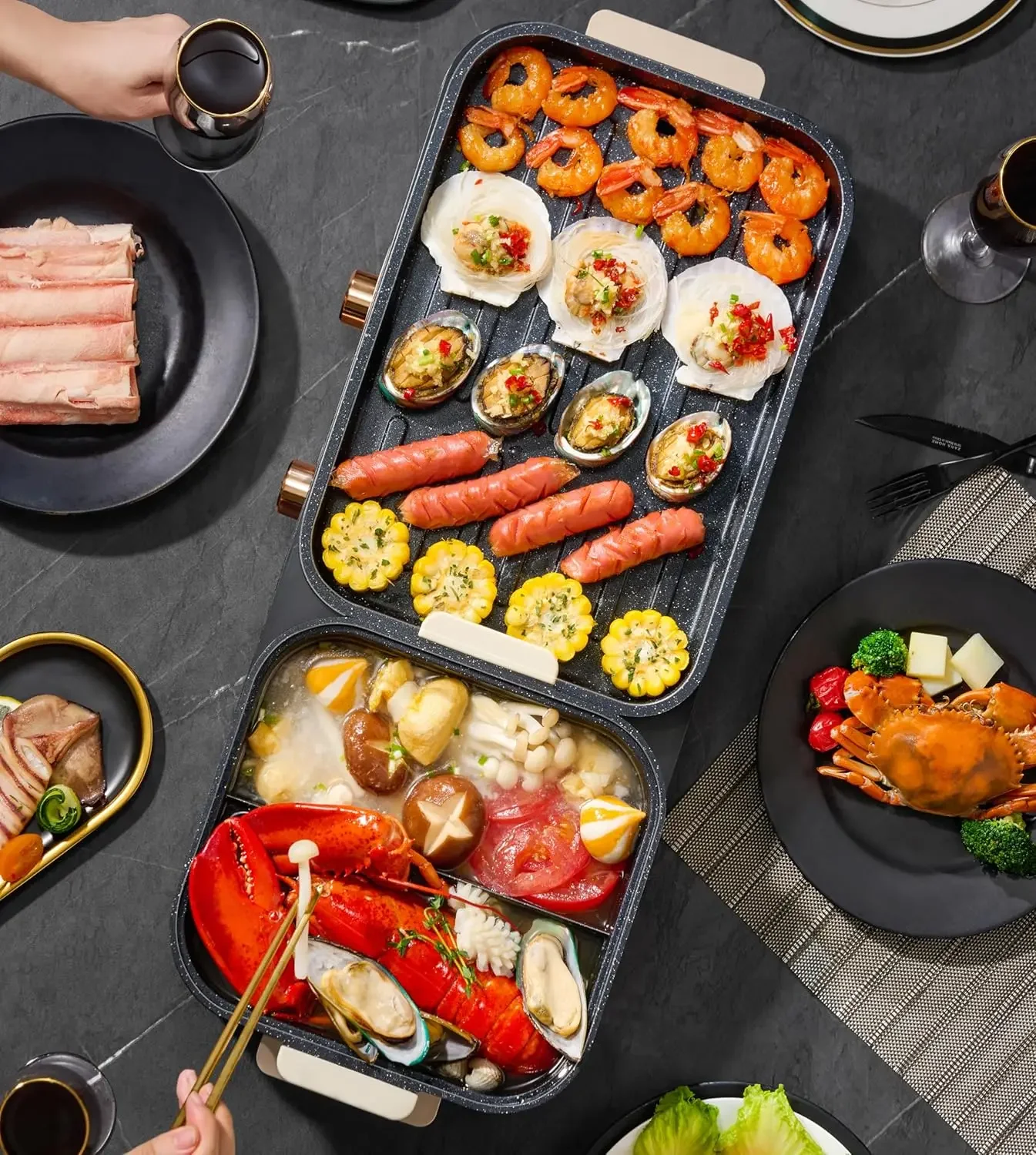 Hot Pot with Grill,Indoor Hot Pot 2 in 1 Multi-function Smokeless Shabu-Shabu Hotpot Korean BBQ Grill for Simmer,Separate Dual T 6