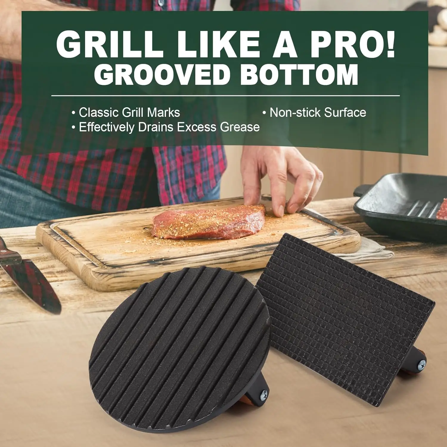Burger Press Round & Rectangle Heavy Duty Cast Iron Grill Press with Wood Handle Smash Burger Press 1PCS