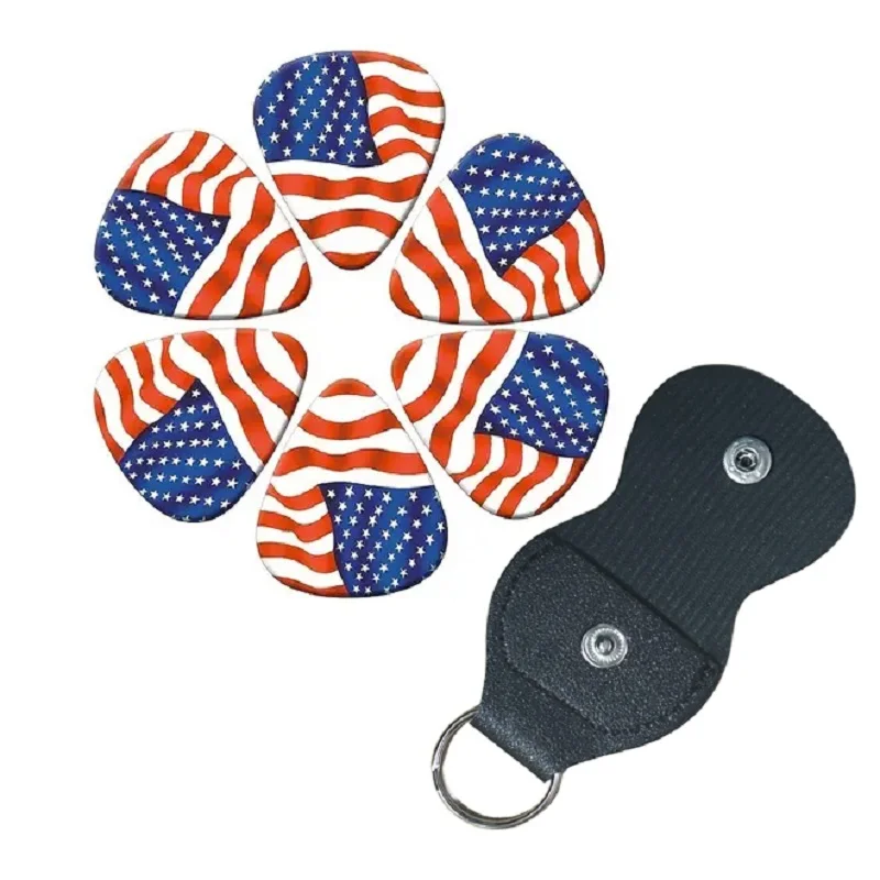 6 pcs PVC Guitar Picks With Pu Carrying Pouch set , US FLAG Double-sided printing ，For ukulele，Electric ，Acoustic Guitars, Gift