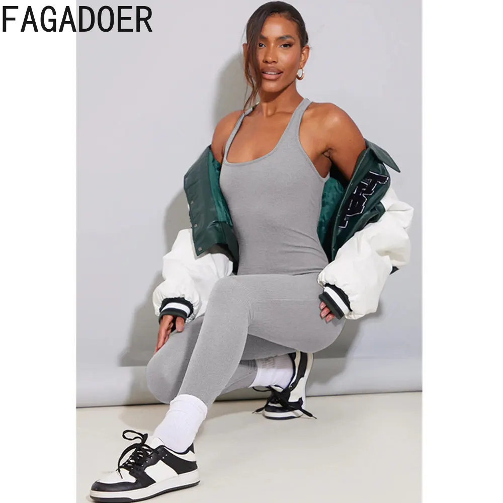 FAGADOER Women One Piece Jumsuits Gym Yoga Set Workout High Waist Hollow Out Backless Bodycon Playsuits Casual Solid Overalls