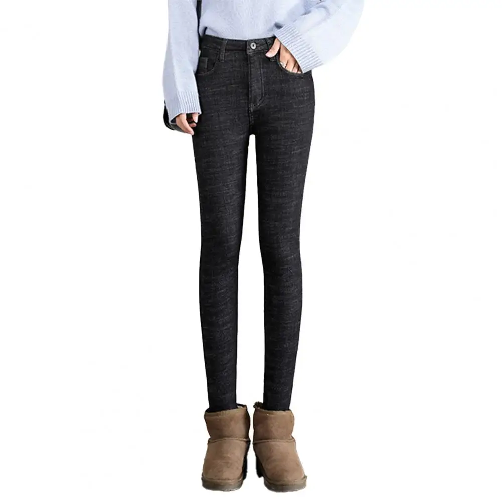 

Slim Fit Jeans Women Jeans Cozy Winter Women's High Waist Fleece-lined Jeans Stylish Pencil Pants with Elastic Waistband