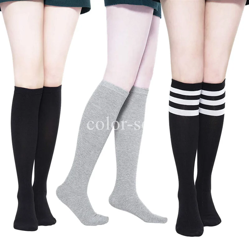 Compression Socks Black White Stripe Long Socks Solid Color Knee High JK Woman Kawaii Cosplay Nylon Long Stockings
