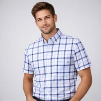 2026 100% Pure Cotton Men's Oxford Short Sleeve Square Collar Soild Plaid Striped Summer Casual Shirts Single Pocket Shirt 1