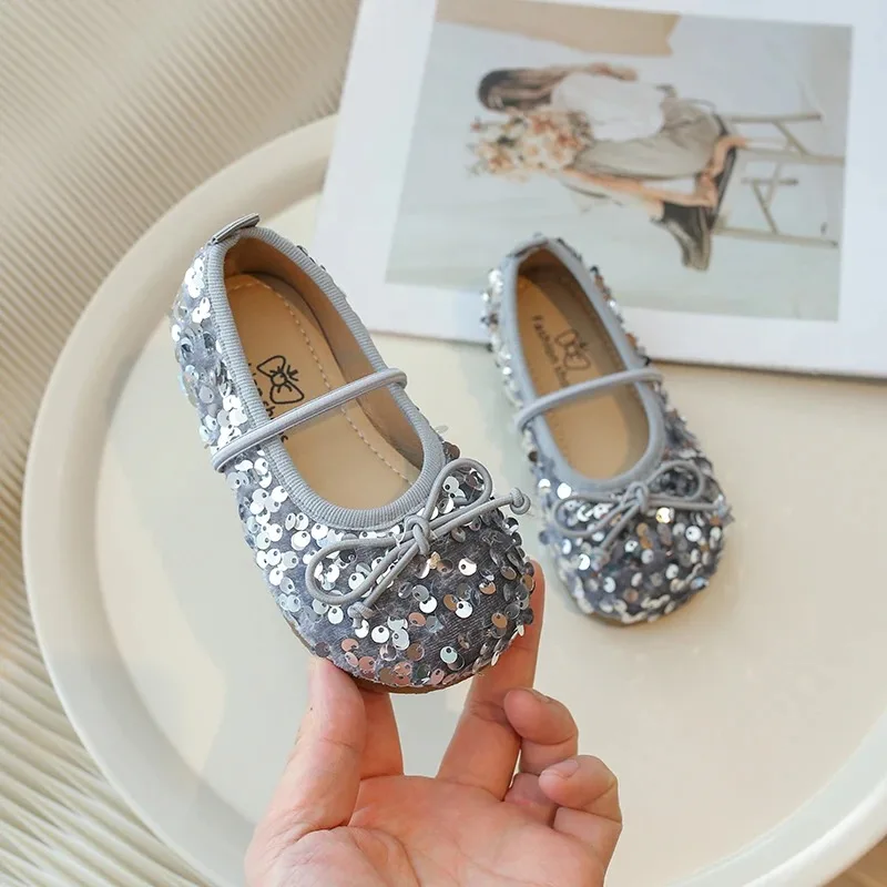 Girls' Shoes 2025 Spring New Fashion Little Girl Sequin Princess Shoes Soft Sole Girls' Shallow Mouth Single Shoes Breathable - 3