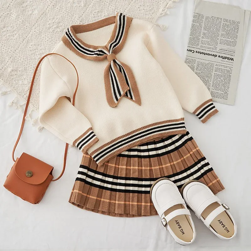 Spring Autumn Girls 2 Pieces Knitted Suit Top + skirt Fall Sets kids clothing set girls clothing set