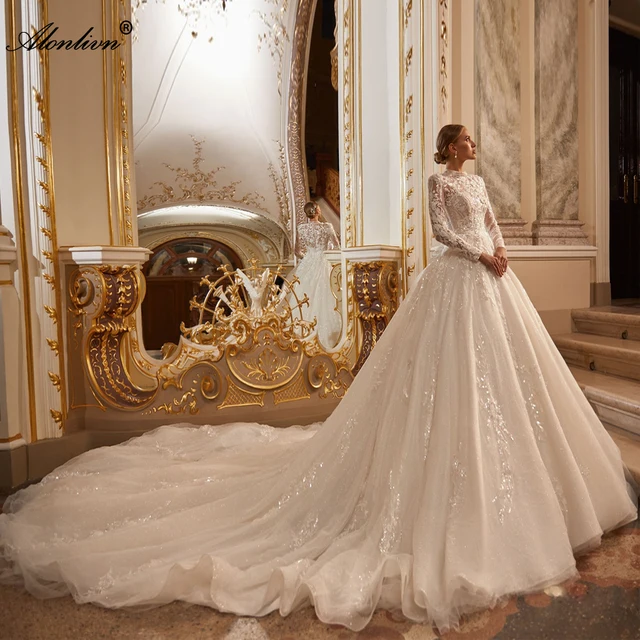 Alonlivn Luxury Crystal High Collar Full Sleeves Ball Gown Wedding Dresses Beading Pearls Lace Royal Train Bridal Gowns 1