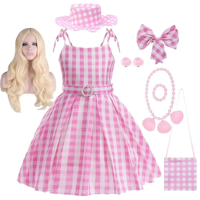 Traje de princesa Barbie para meninas, roupas cosplay para crianças, xadrez  rosa, carnaval de Halloween, festa