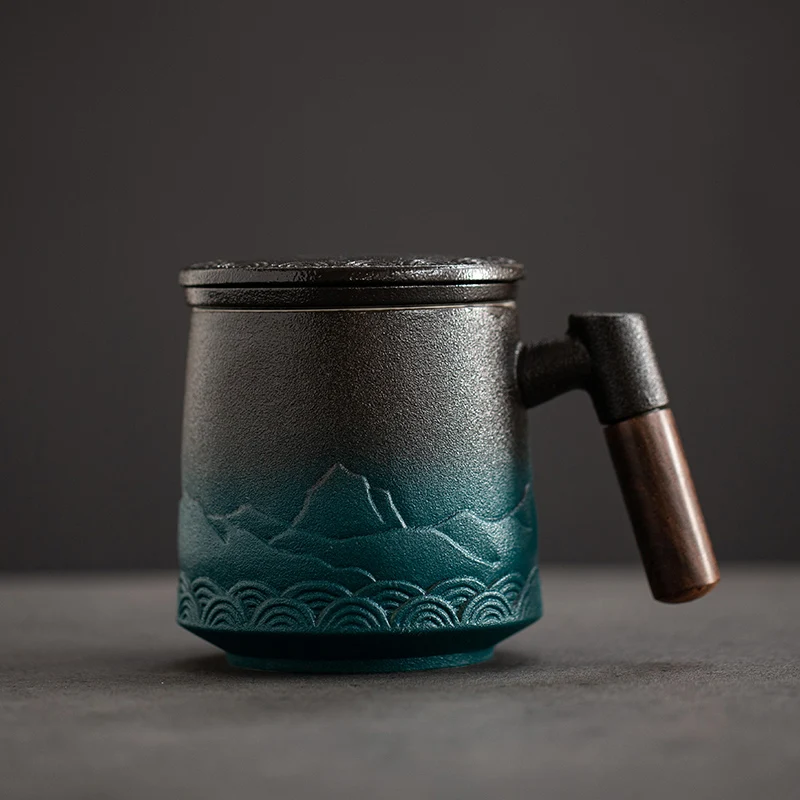Ceramic Strainer Tea Cup Mug with Lid Luxury Coffee Cups Large Office Water Japanese Vintage Original Mugs Wood Handle Gift | Дом и сад